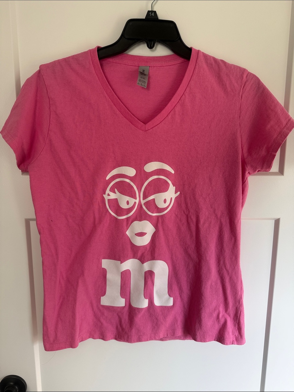 Gildan Pink V-Neck Tee with White M&M Graphic